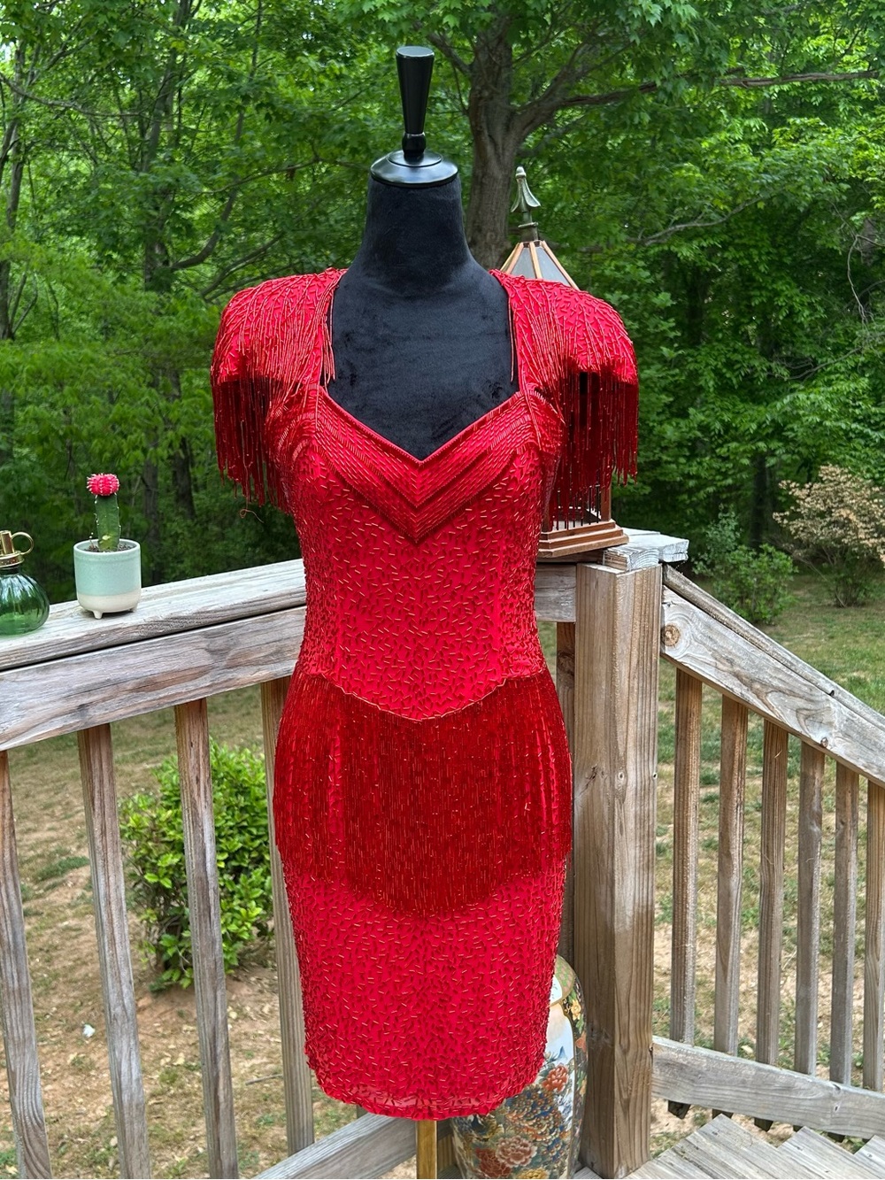 Red Beaded Fringe Cocktail Dress Lillie Rubin - Women